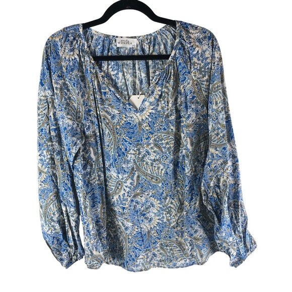 Emily Wonder Tops - Emily Wonder Blue White Paisley Patterned Peasant Blouse V Neck S